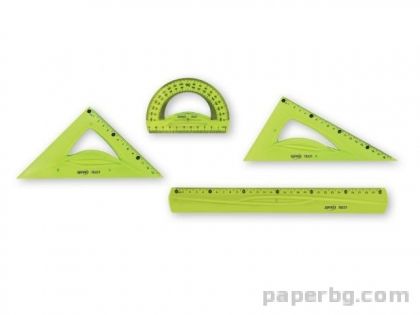 Комплект за чертане Flexible жълт, линия 30 см, 2 триъгълника, транспортир