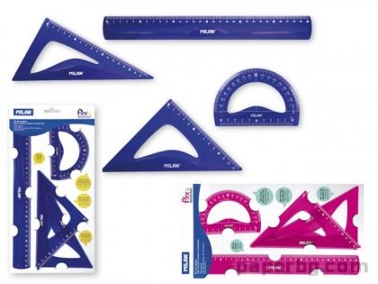 Комплект за чертане Flex&Resistant син/розов - линия 30 см, 2 триъгълника, транспортир