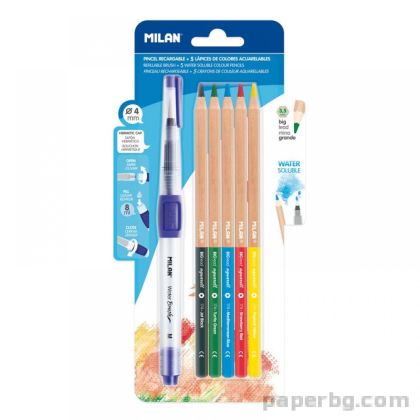 Цветни акварелни моливи, 3.5 mm, 5 цвята, с включена четка, Milan 