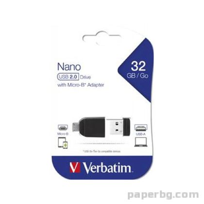 Verbatim USB флаш памет Nano, USB 2.0, 32 GB, с Micro USB OTG адаптер